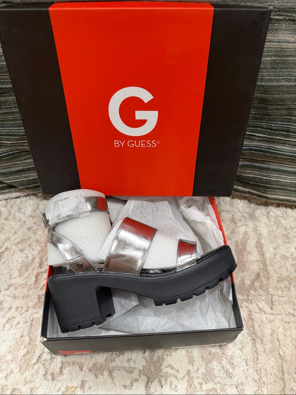 G by Guess Metallic Silver Platform Sandals with Black Sole